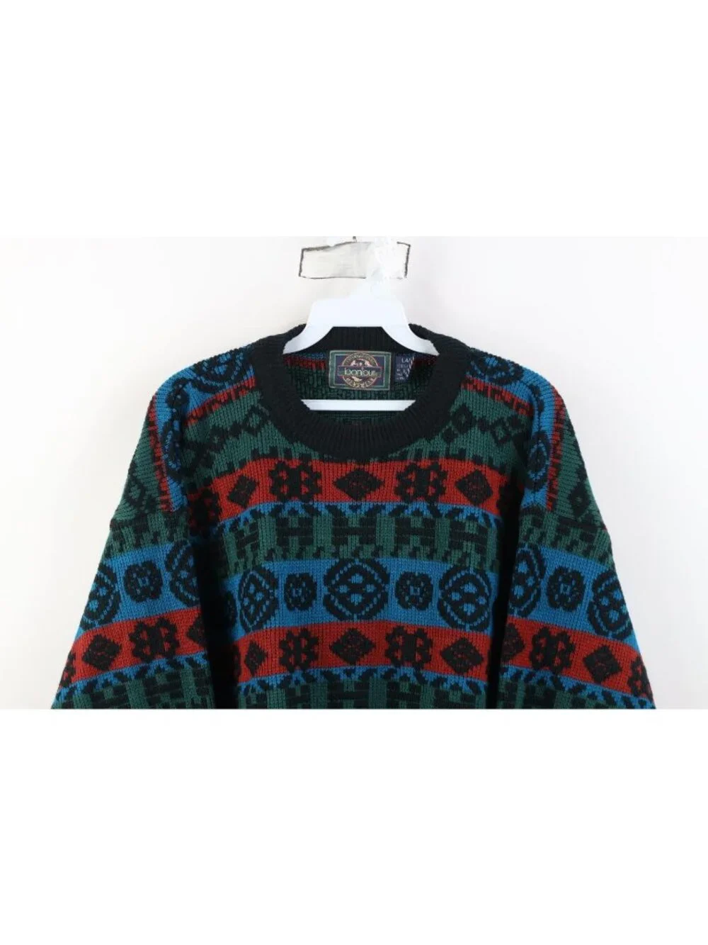 Vtg 90s Streetwear Mens Large Fair Isle Geometric Striped Knit Crewneck Sweater